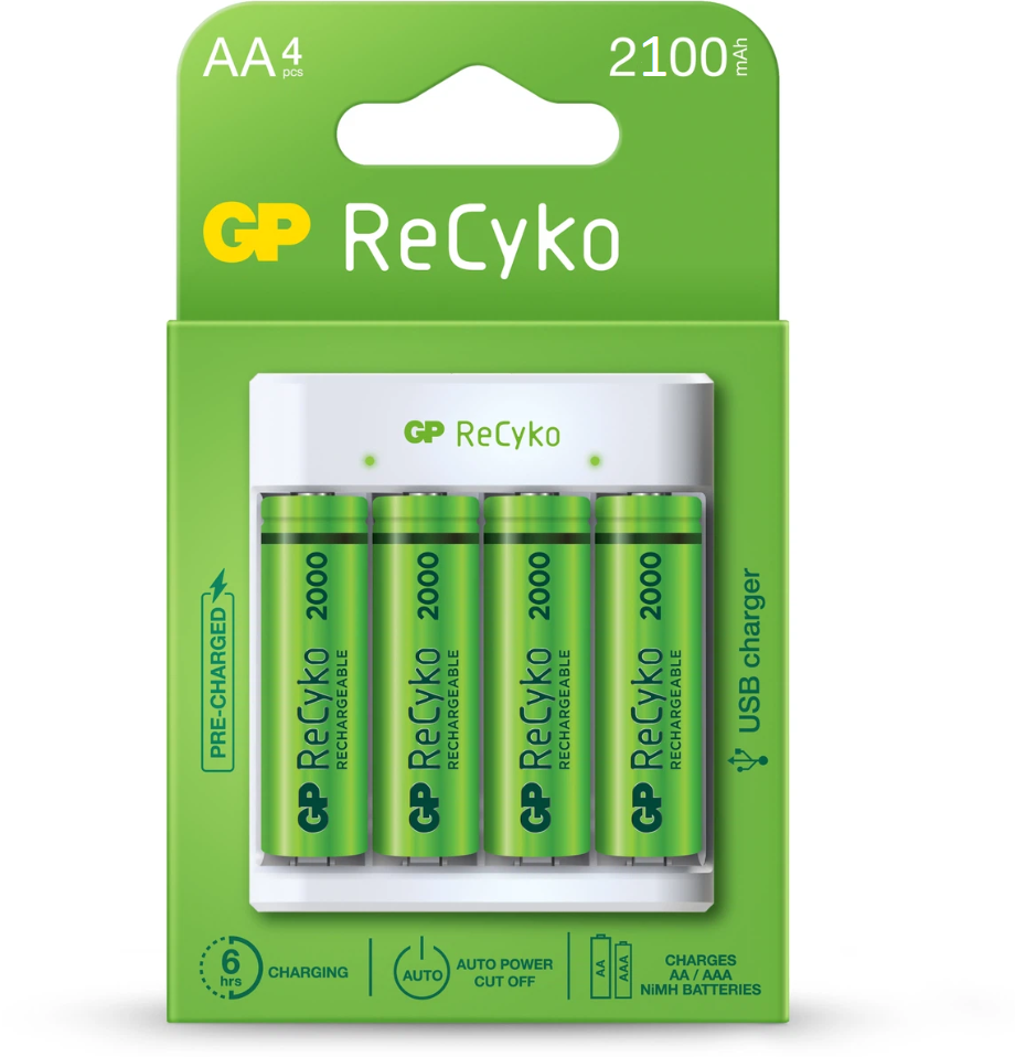 Pilas recargables con cargador, 4x Pilas AA ReCyko 2100 Series, USB