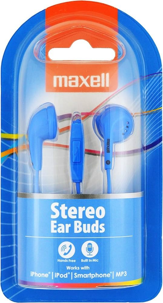 Maxell 303756 Stereo Ear Buds Plus – Auriculares con micrófono, Color azul